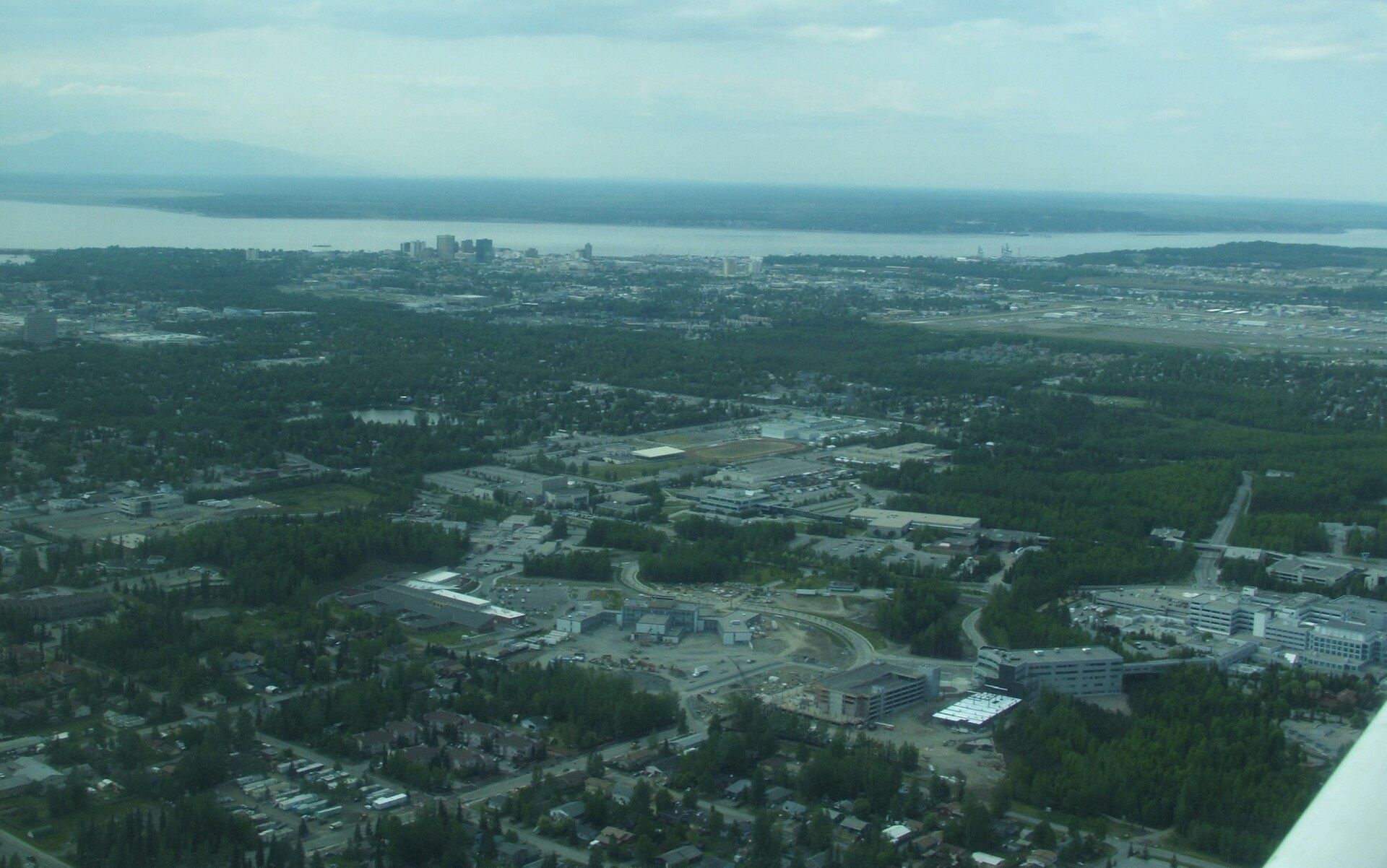 Aerial view of Anchorage, Alaska looking northwest across the city