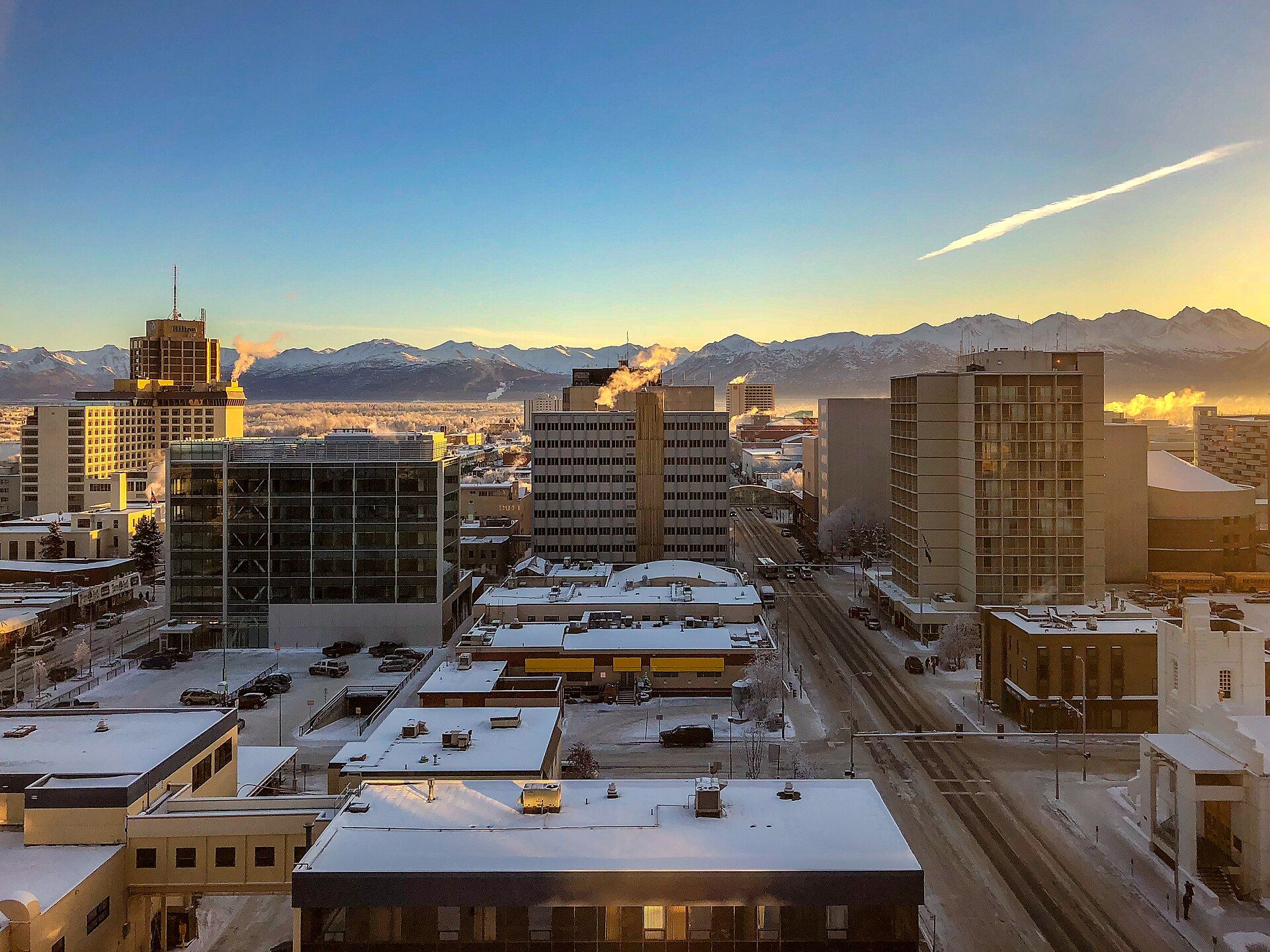 Anchorage skyline in winter with the Chugach Mountains